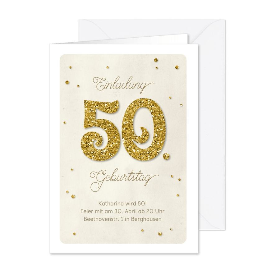Einladung Geburtstag Glittergold 50 - Karteneindruck