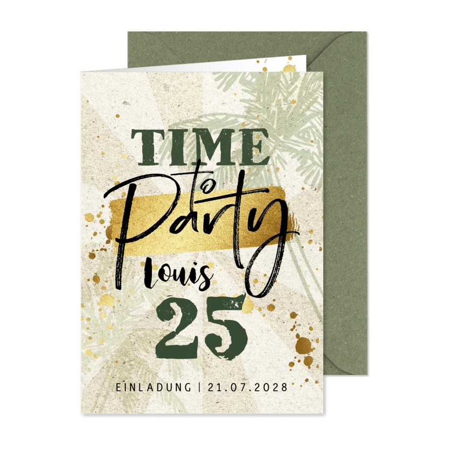 Einladung Geburtstag Goldlook 'Time to party' - Karteneindruck
