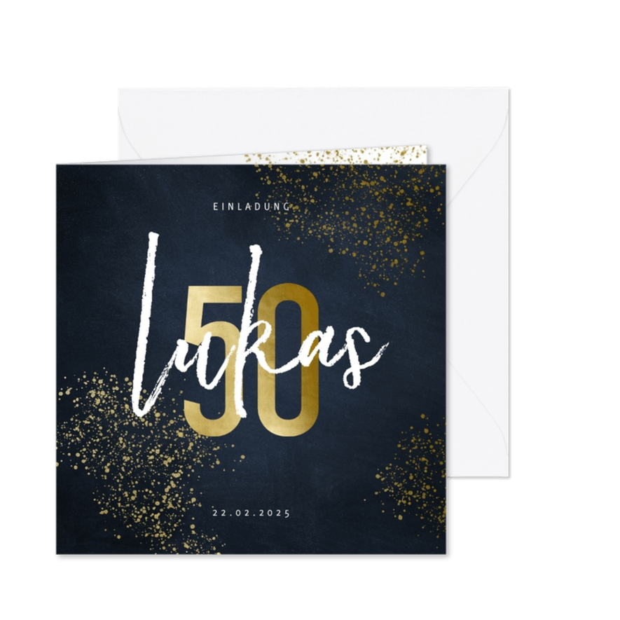 Einladung Geburtstag große 50 und Goldspritzer - Karteneindruck