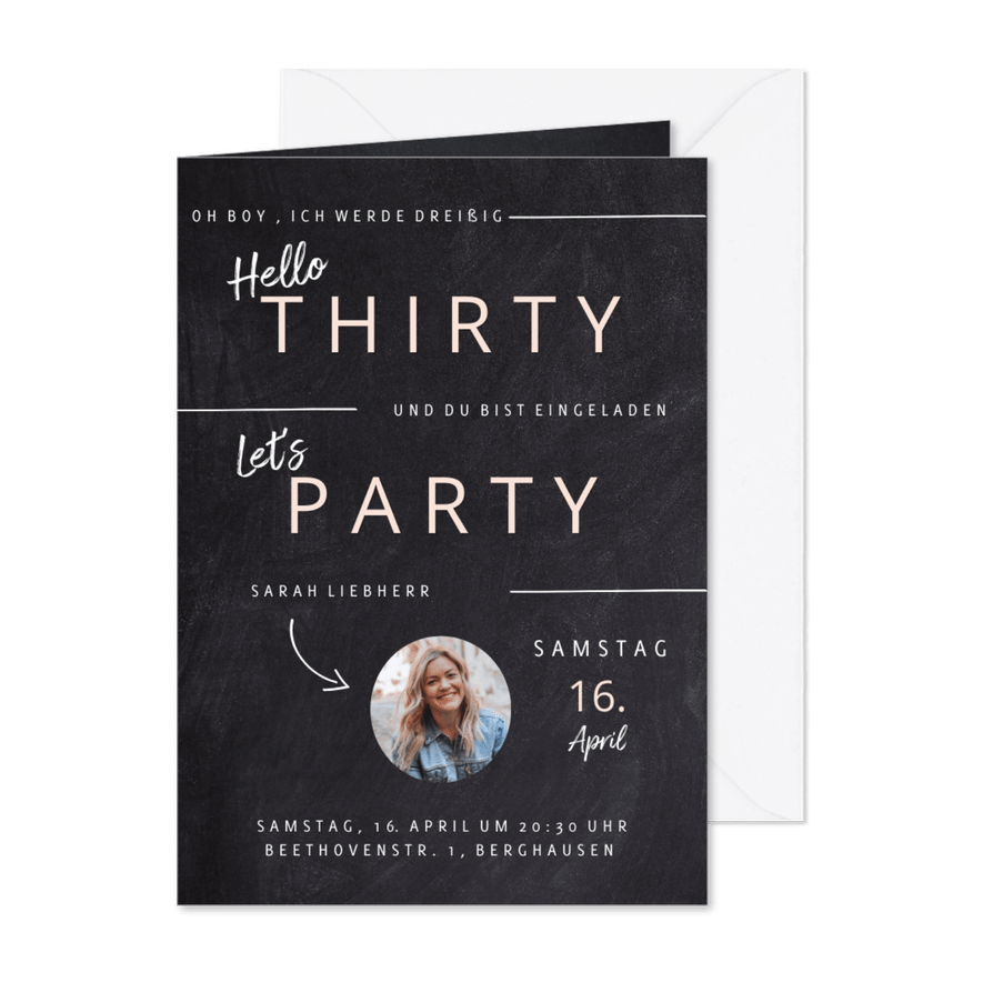 Einladung Geburtstag 'Hello Thirty' mit kleinem Foto - Karteneindruck
