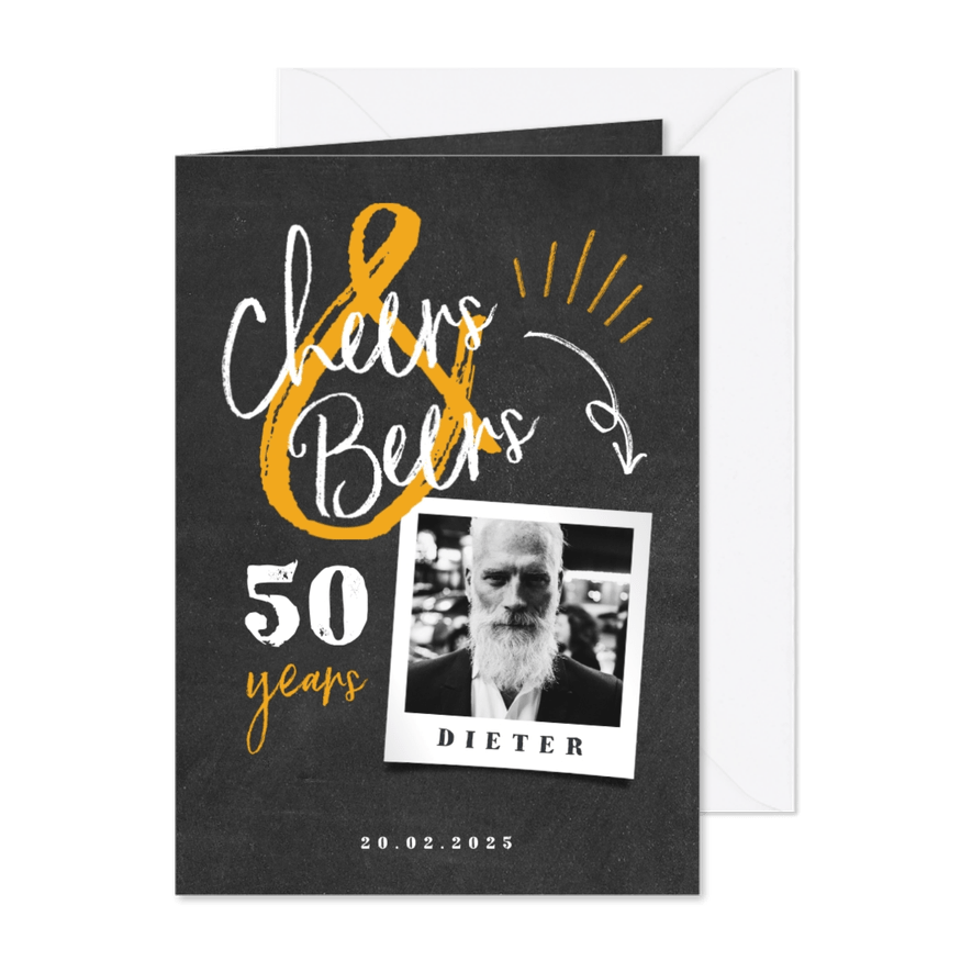 Einladung Geburtstag Kreidelook mit Foto 'Cheers & Beers' - Karteneindruck
