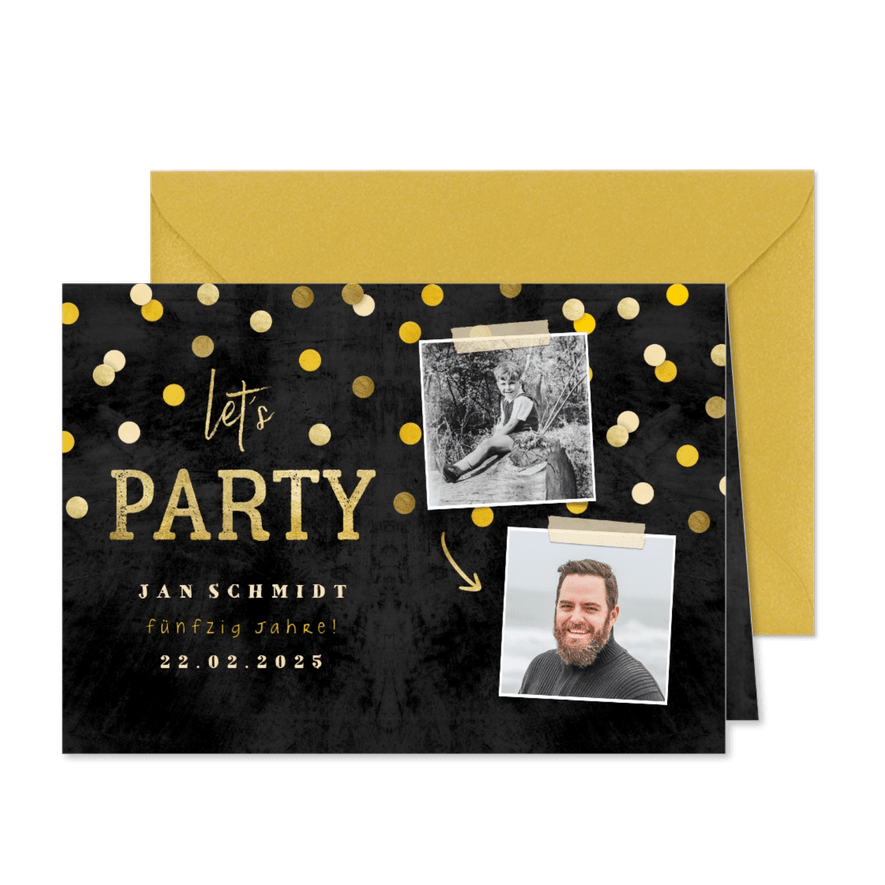 Einladung Geburtstagsparty auf Tafel mit Fotos und Konfetti - Karteneindruck
