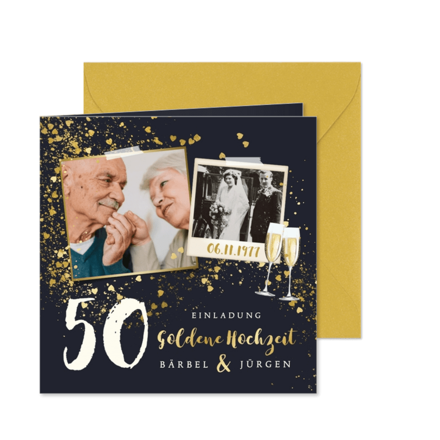 Einladung goldene Hochzeit Glitzer Sprenkel & Fotocollage - Karteneindruck
