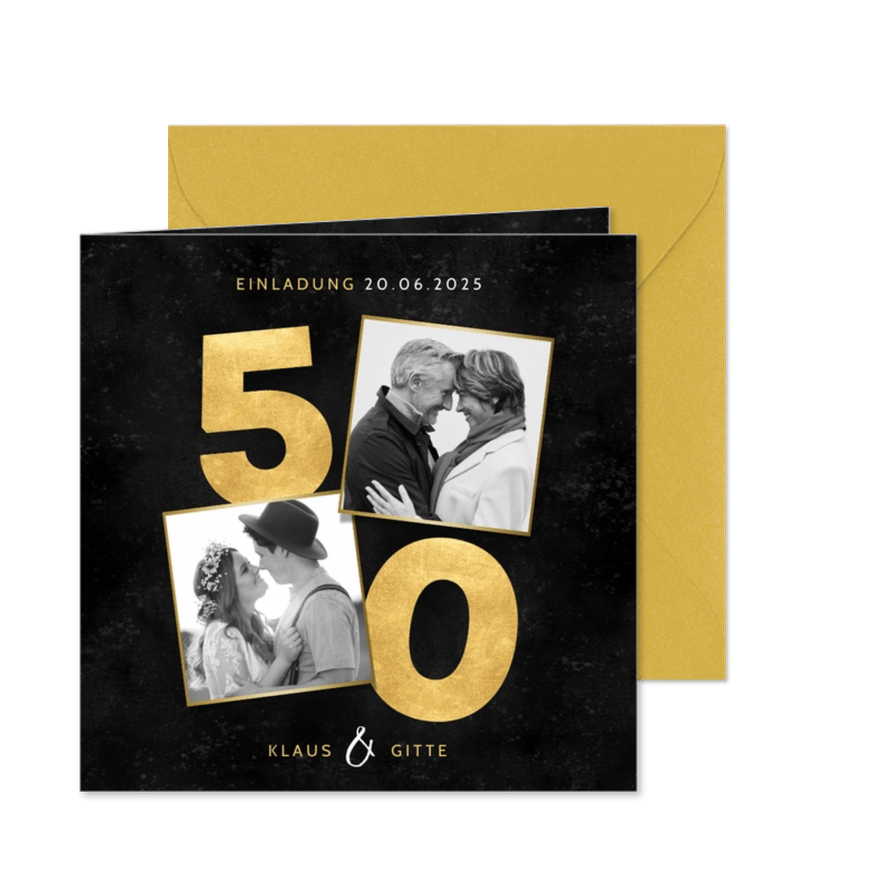Einladung Goldene Hochzeit Gold-50 & Fotos - Karteneindruck
