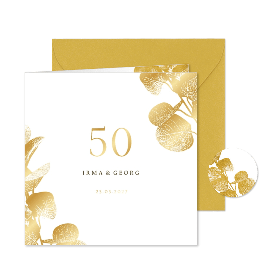 Einladung Goldene Hochzeit goldener Eukalyptus - Karteneindruck
