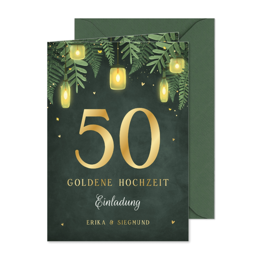 Einladung goldene Hochzeit Laternen im Grünen - Karteneindruck