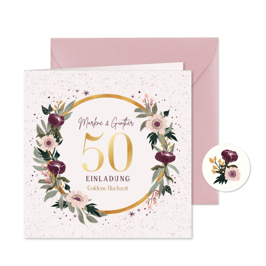 Einladung Goldene Hochzeit mit elegantem Blumenkranz - Karteneindruck