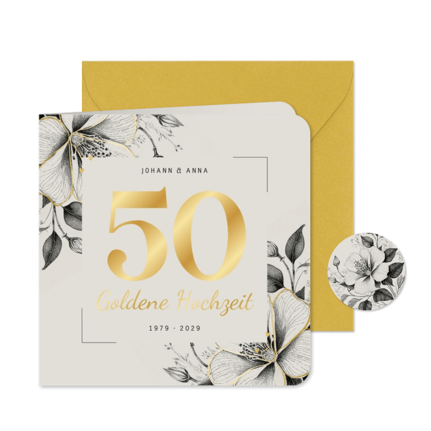 Einladung Goldene Hochzeit Vintage Blumen & Gold - Karteneindruck