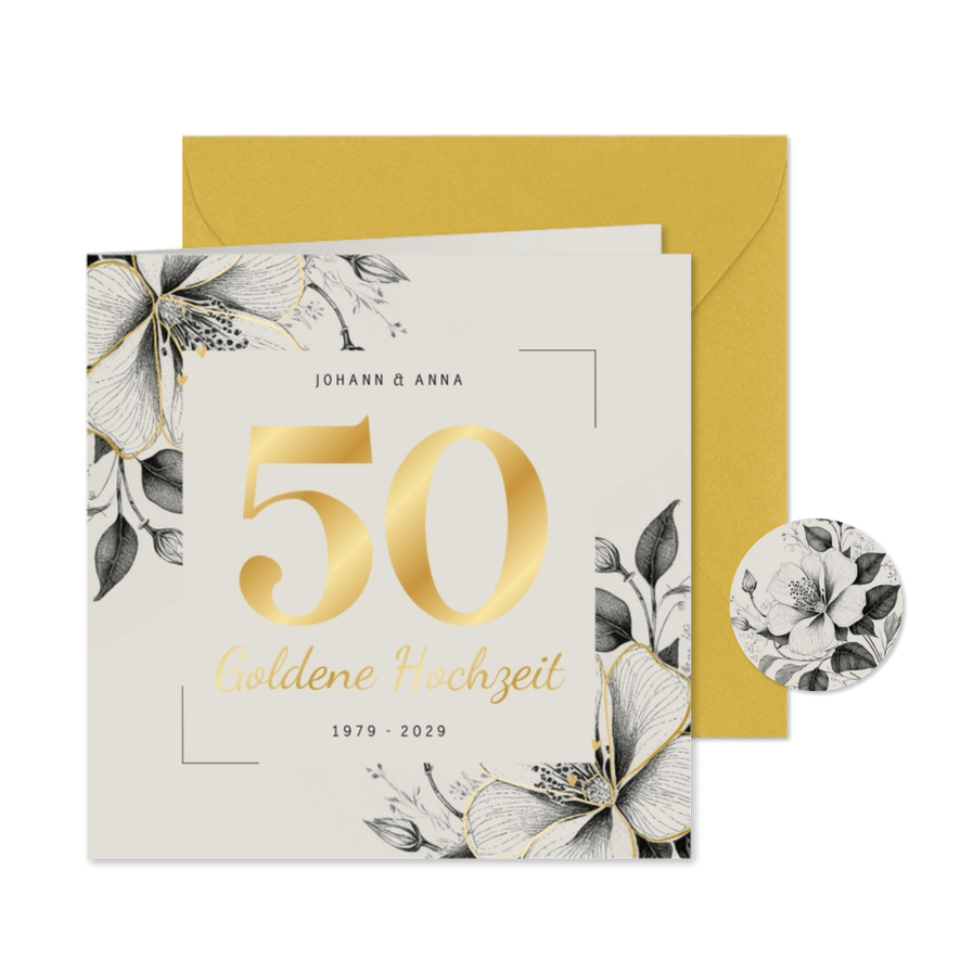 Einladung Goldene Hochzeit Vintage Blumen & Gold - Karteneindruck
