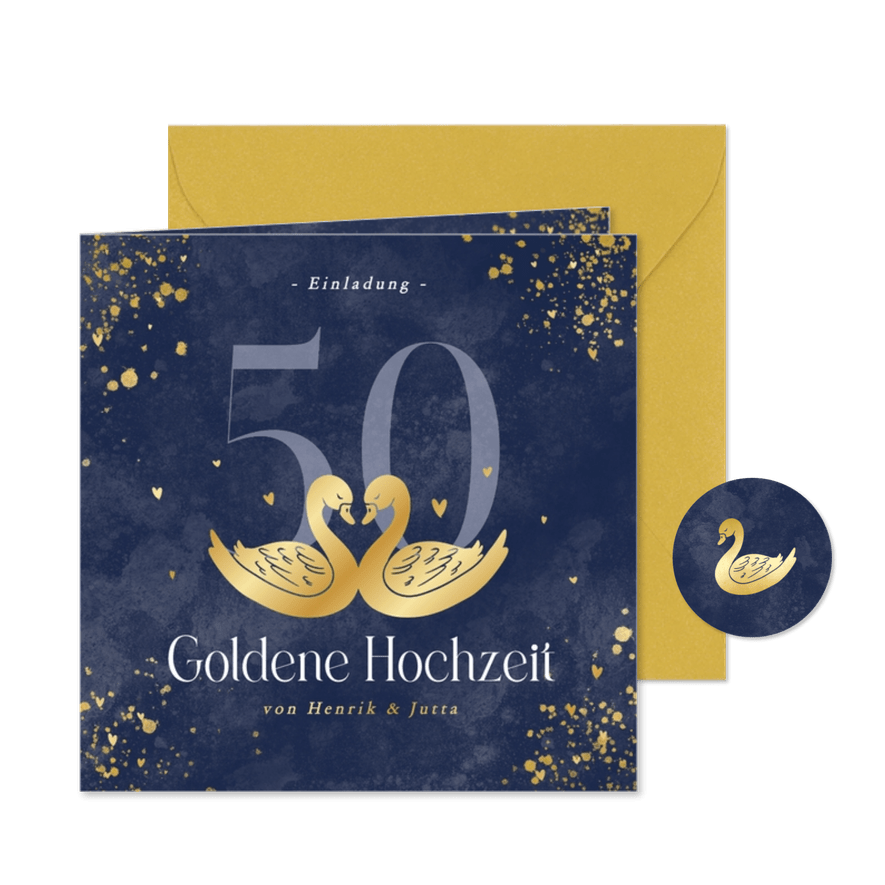 Einladung Goldene Hochzeit Zwei Schwäne - Karteneindruck
