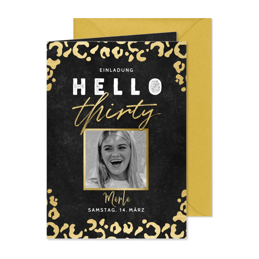 Einladung 'hello thirty' mit Foto und Animalprint - Karteneindruck