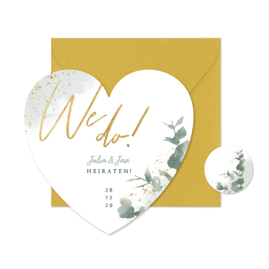 Einladung Herzkarte Eukalyptus Gold Hochzeit - Karteneindruck
