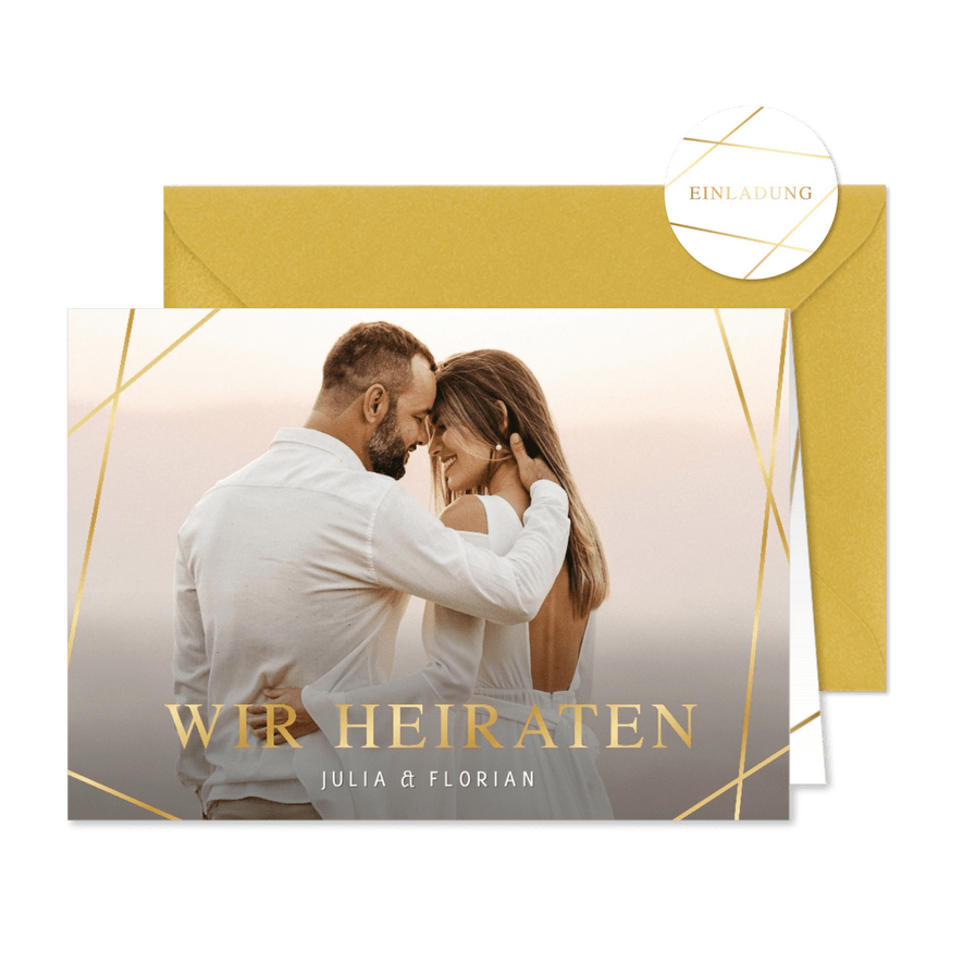 Einladung Hochzeit Foto Linienspiel gold - Karteneindruck
