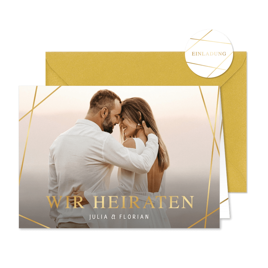 Einladung Hochzeit Foto Linienspiel gold - Karteneindruck
