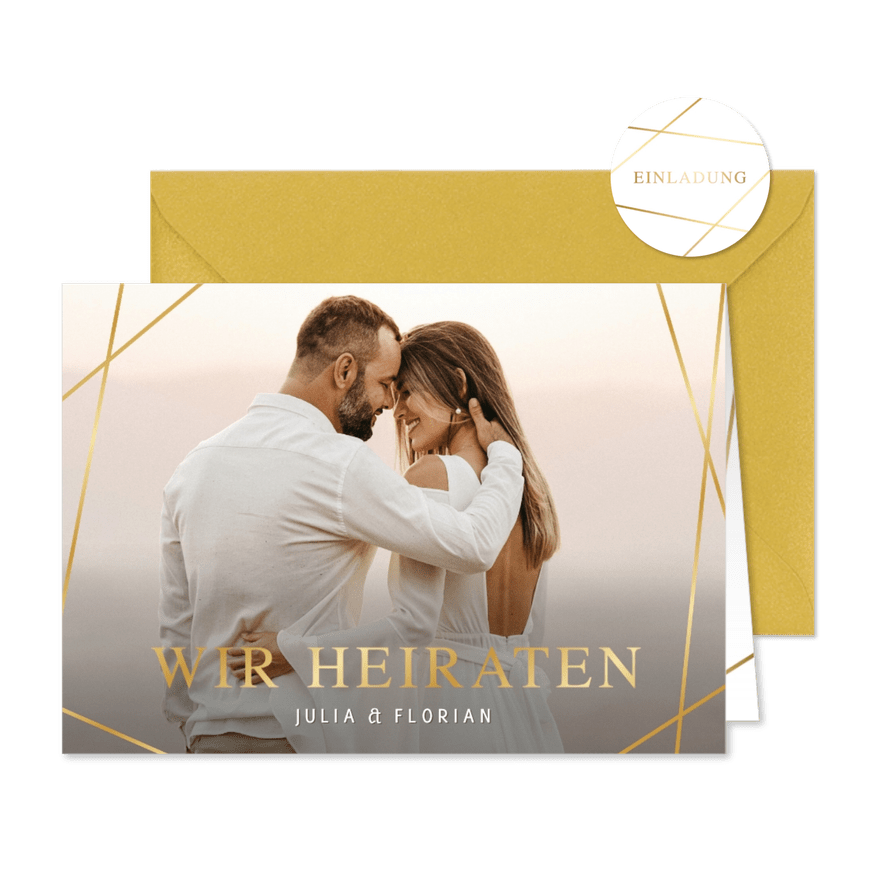 Einladung Hochzeit Foto Linienspiel gold - Karteneindruck