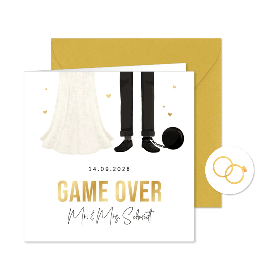 Einladung Hochzeit Fußfessel 'Game over' mit Gold - Karteneindruck
