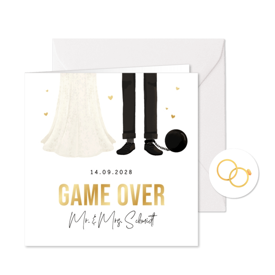 Einladung Hochzeit Fußfessel 'Game over' mit Gold - Karteneindruck
