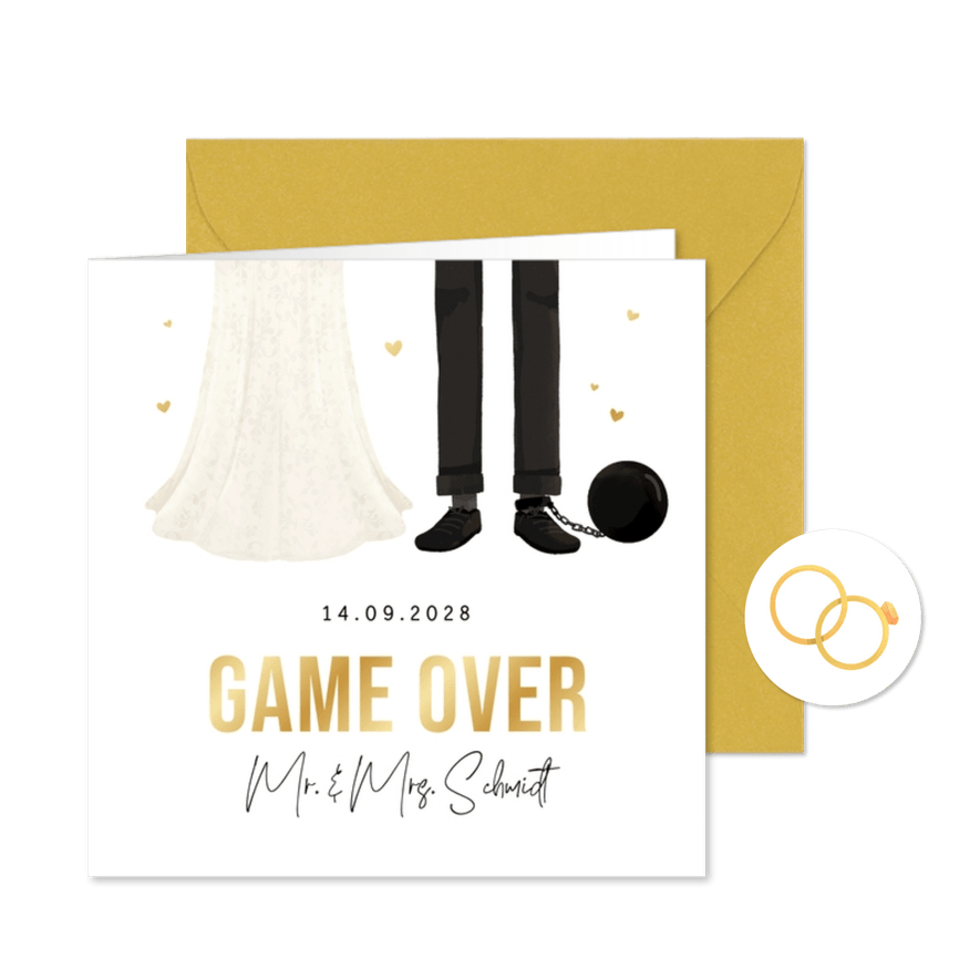 Einladung Hochzeit Fußfessel 'Game over' mit Gold - Kartenvorschau