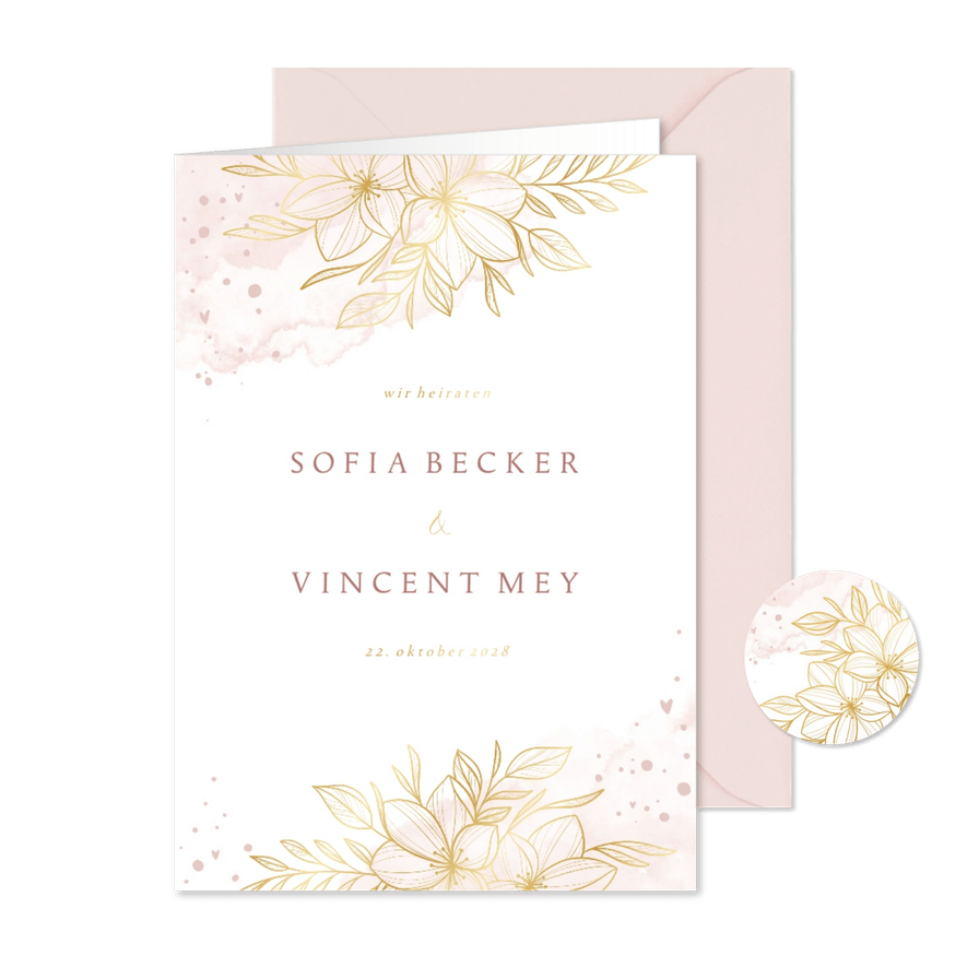 Einladung Hochzeit Goldblumen auf Aquarell - Karteneindruck