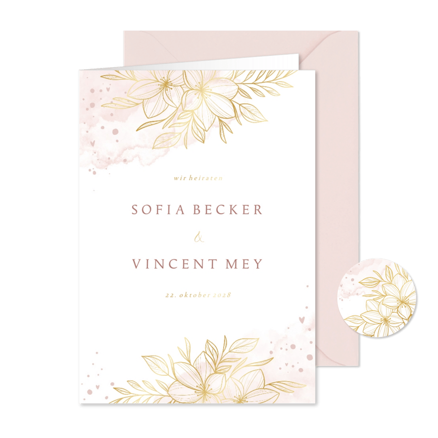 Einladung Hochzeit Goldblumen auf Aquarell - Kartenvorschau
