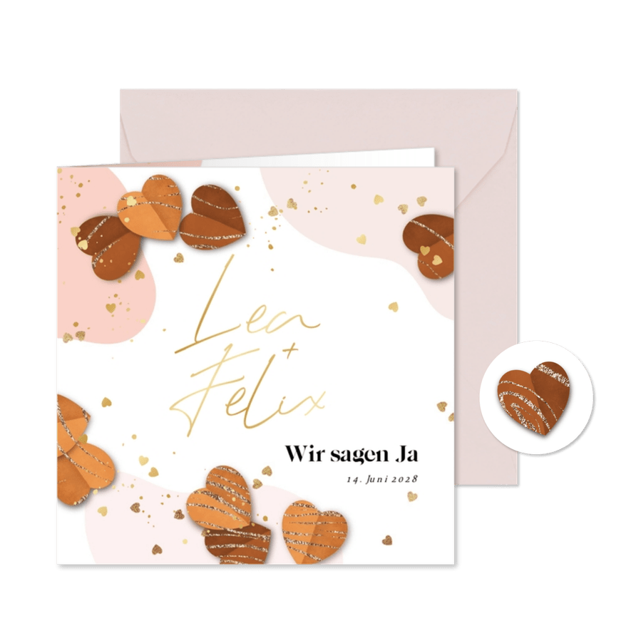 Einladung Hochzeit Goldnamen & Herzchen Goldstreifen - Karteneindruck