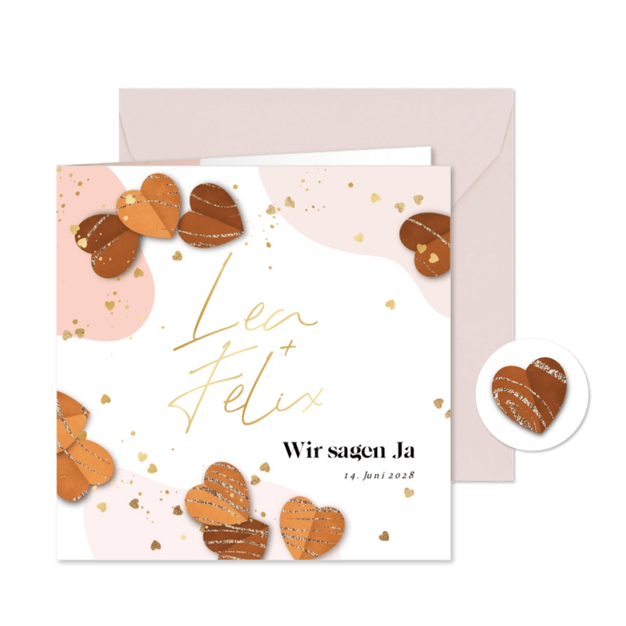 Einladung Hochzeit Goldnamen & Herzchen Goldstreifen - Karteneindruck
