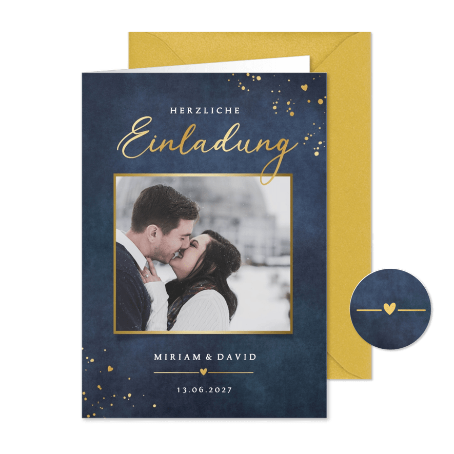 Einladung Hochzeit mit Foto Gold auf Blau - Karteneindruck