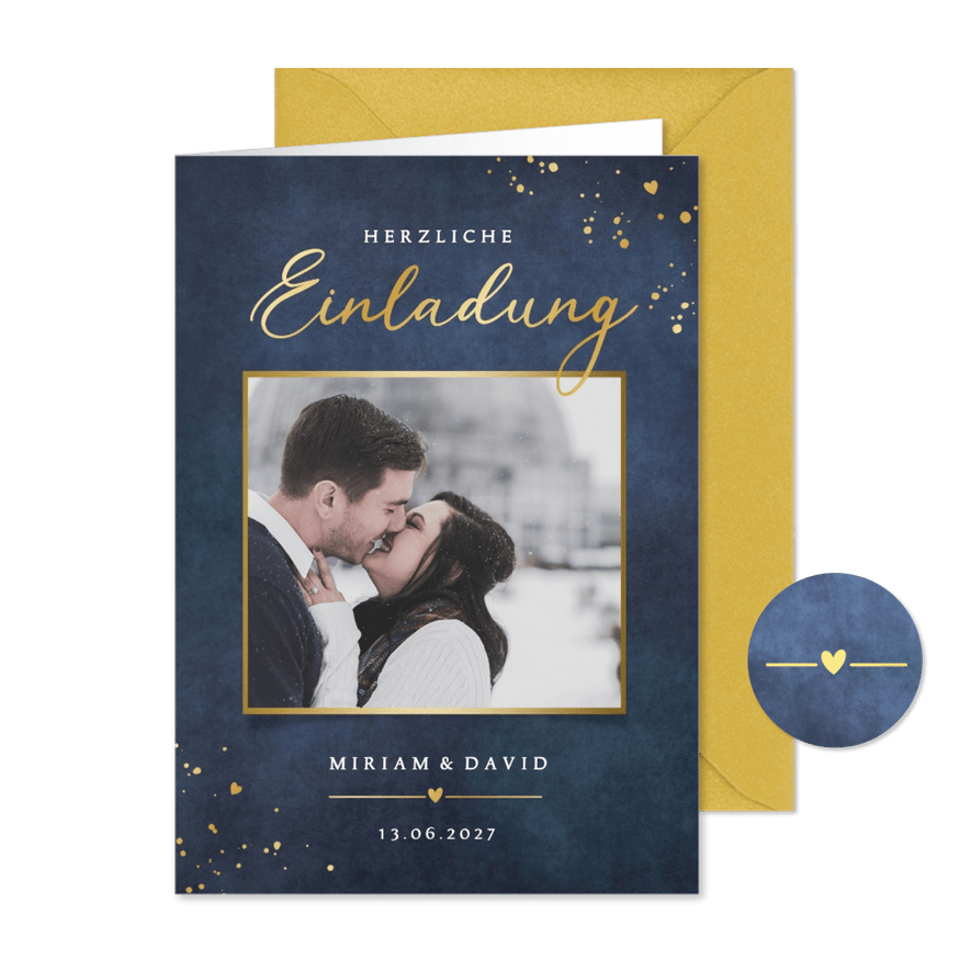 Einladung Hochzeit mit Foto Gold auf Blau - Kartenvorschau
