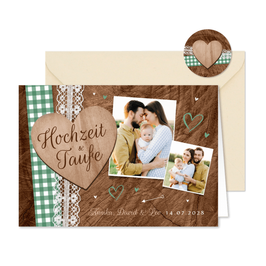 Einladung Hochzeit mit Taufe Trachtenlook - Kartenvorschau
