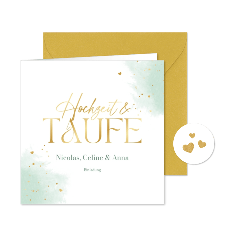 Einladung Hochzeit/Taufe mintgrünes Aquarell & Goldherzchen - Karteneindruck
