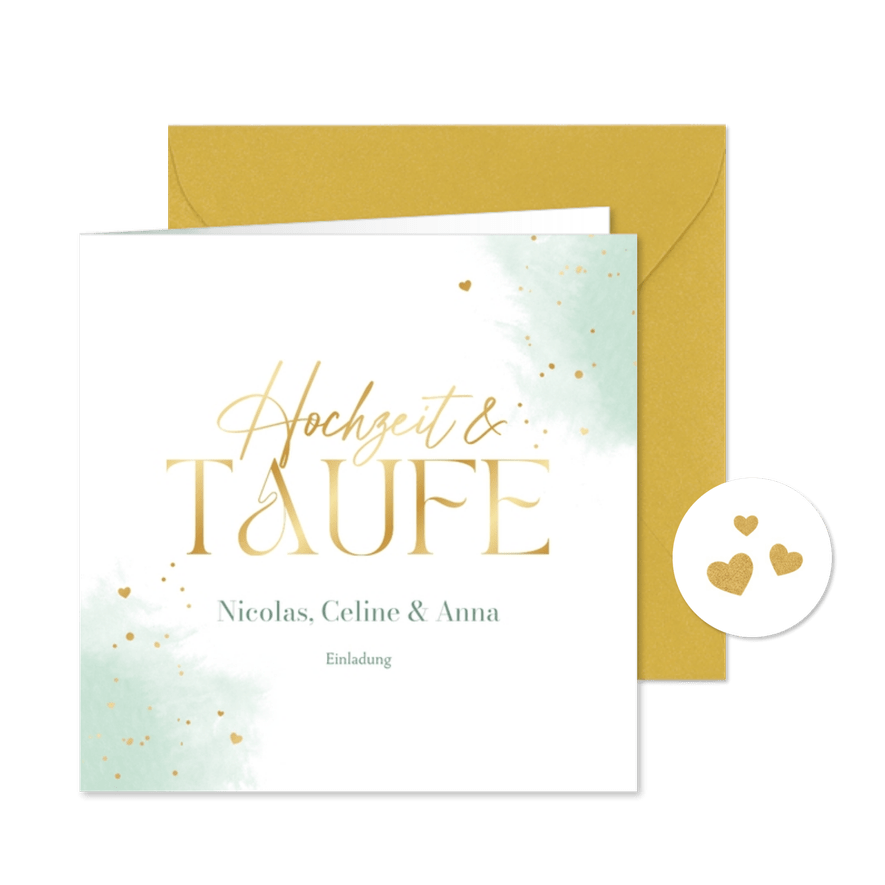 Einladung Hochzeit/Taufe mintgrünes Aquarell & Goldherzchen - Kartenvorschau