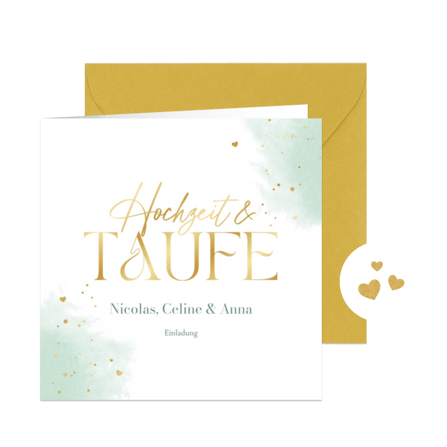 Einladung Hochzeit/Taufe mintgrünes Aquarell & Goldherzchen - Karteneindruck
