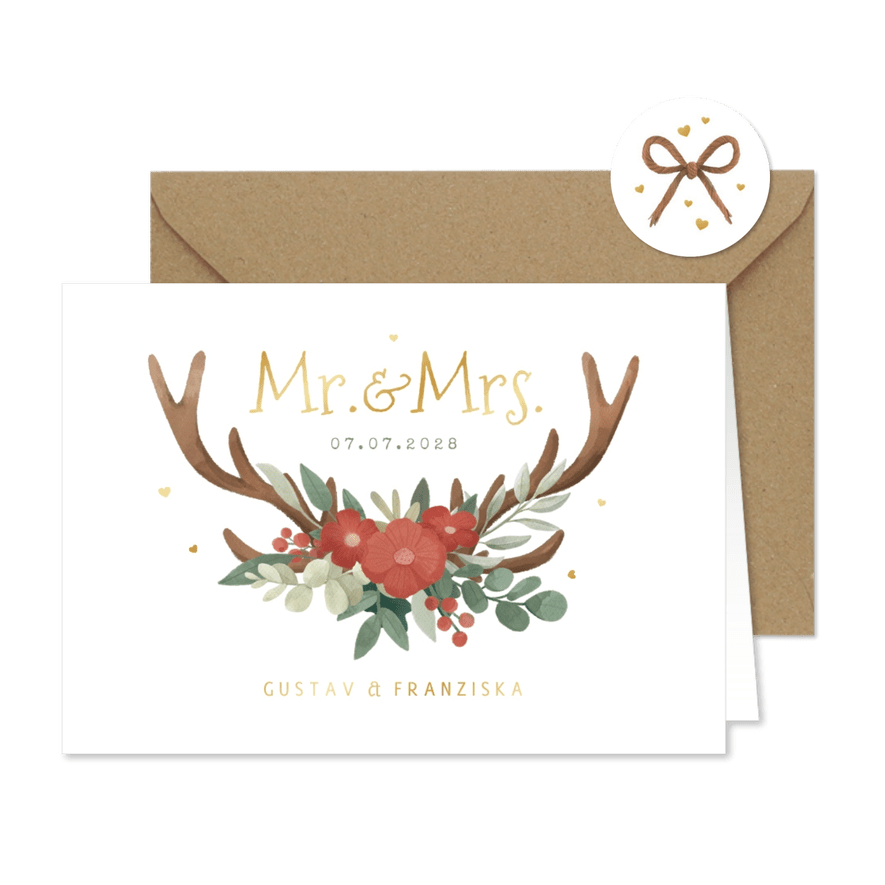 Einladung Hochzeit Tracht, Blumen & Geweih - Karteneindruck
