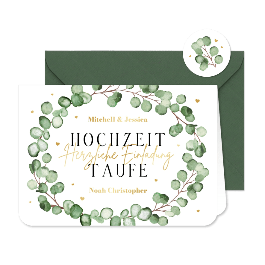 Einladung Hochzeit & Taufe Eukalyptuskranz Aquarell - Karteneindruck