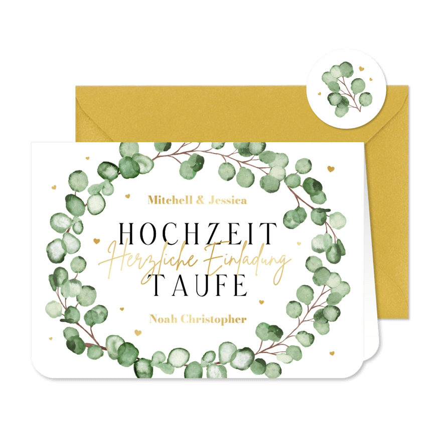 Einladung Hochzeit & Taufe Eukalyptuskranz Aquarell - Karteneindruck
