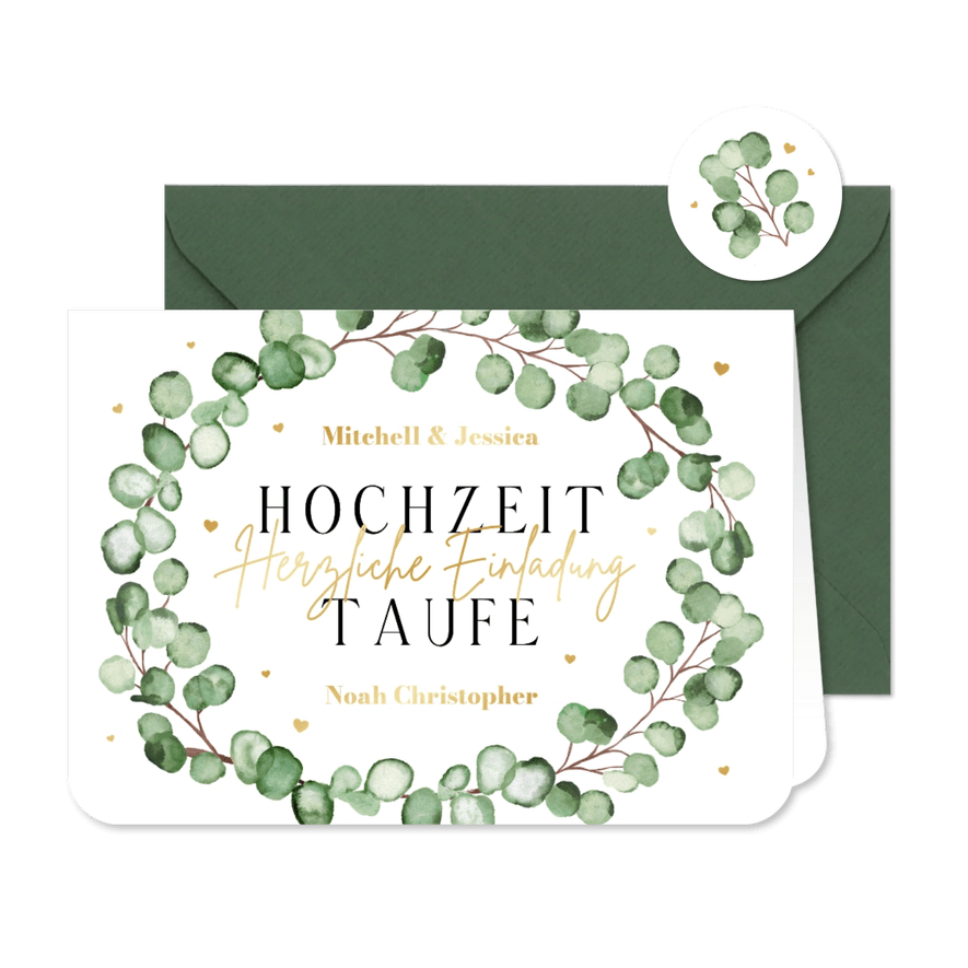Einladung Hochzeit & Taufe Eukalyptuskranz Aquarell - Kartenvorschau
