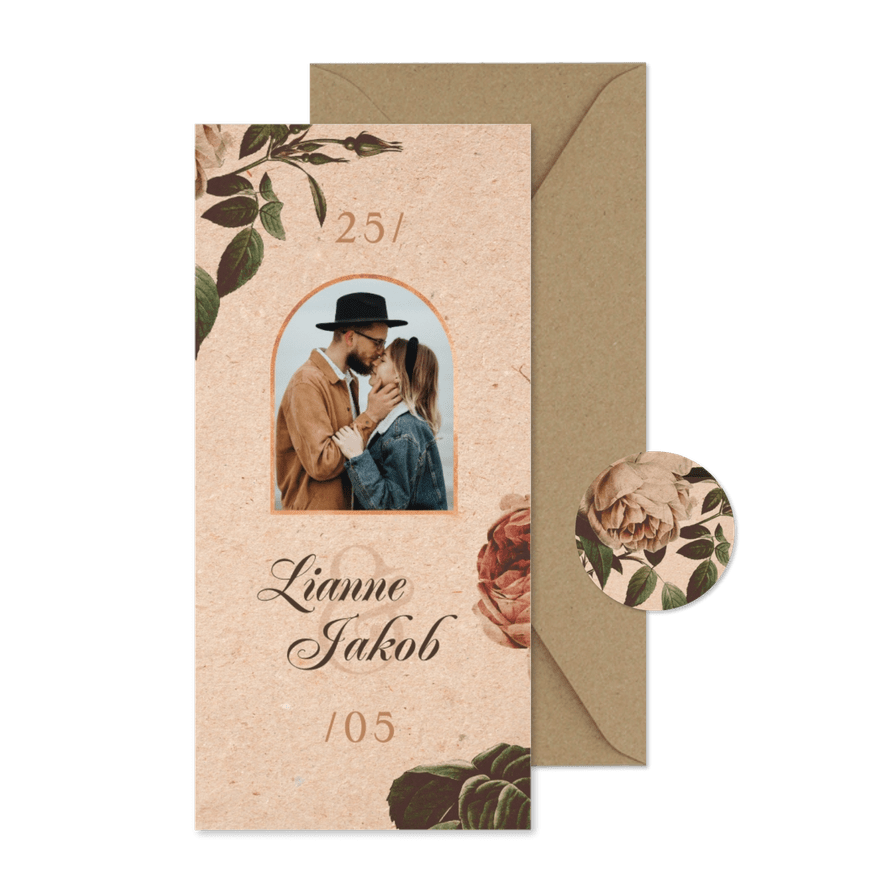 Einladung Hochzeitsfeier Vintagerosen auf Kraftpapier - Karteneindruck
