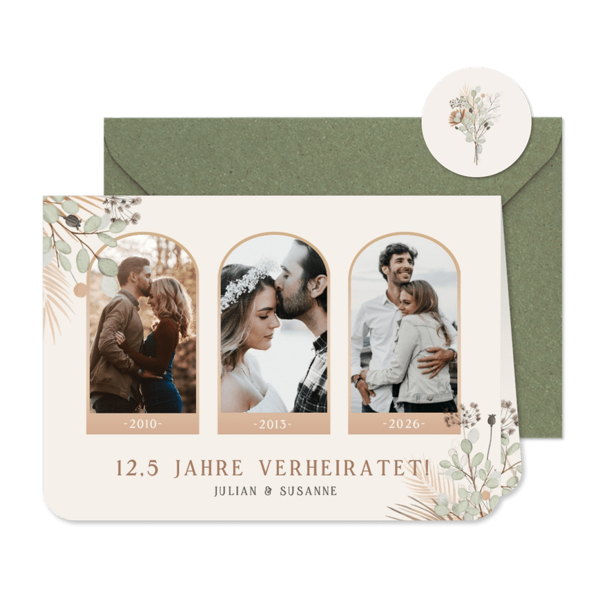 Einladung Hochzeitsjubiläum Fotocollage & Trockenblumen - Karteneindruck