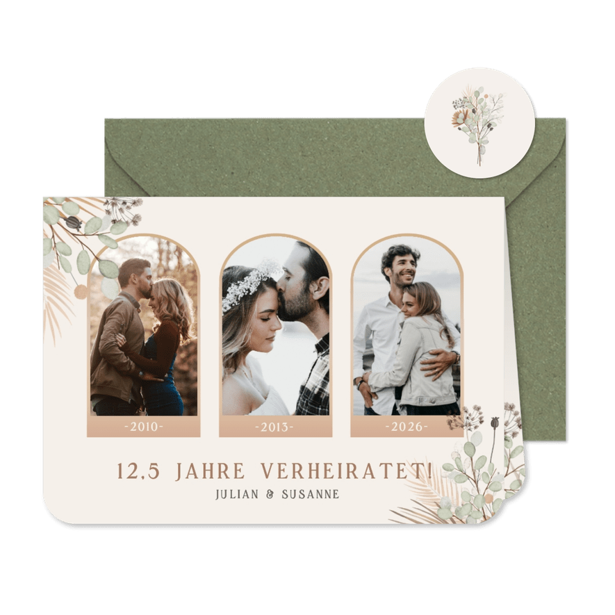 Einladung Hochzeitsjubiläum Fotocollage & Trockenblumen - Kartenvorschau