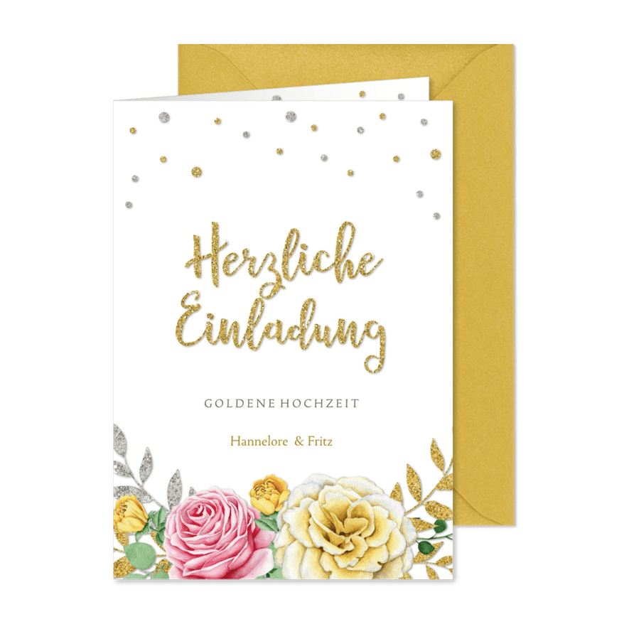 Einladung Hochzeitsjubiläum rosa und gelbe Rose - Karteneindruck