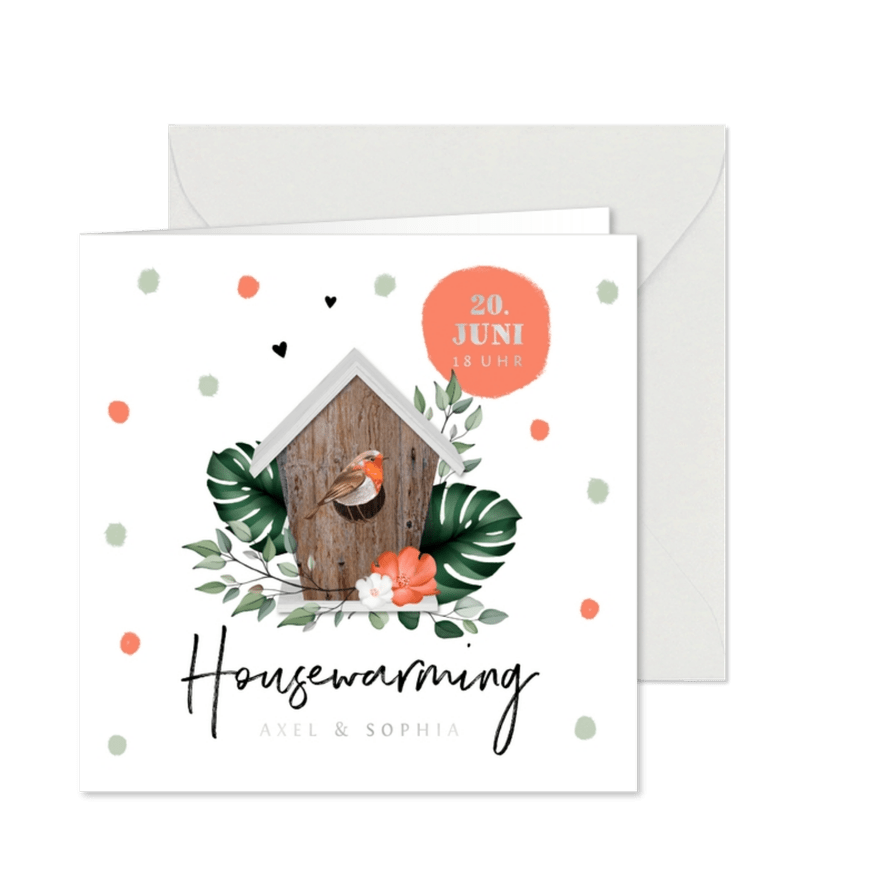 Einladung Housewarming Rotkehlchen Vogelhaus - Karteneindruck