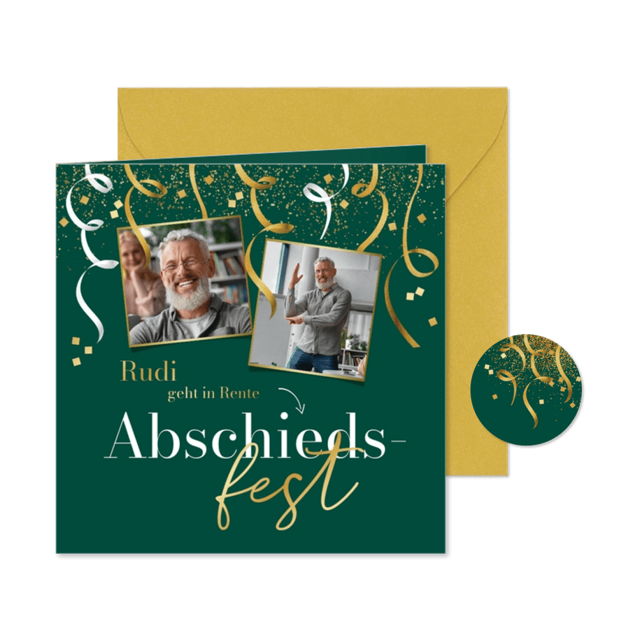 Einladung in Grün Abschiedsfest Fotocollage & Luftschlangen - Karteneindruck
