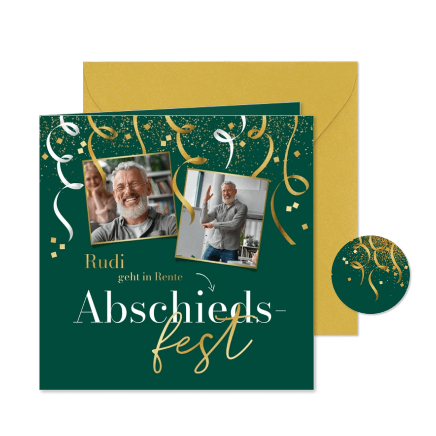Einladung in Grün Abschiedsfest Fotocollage & Luftschlangen - Karteneindruck
