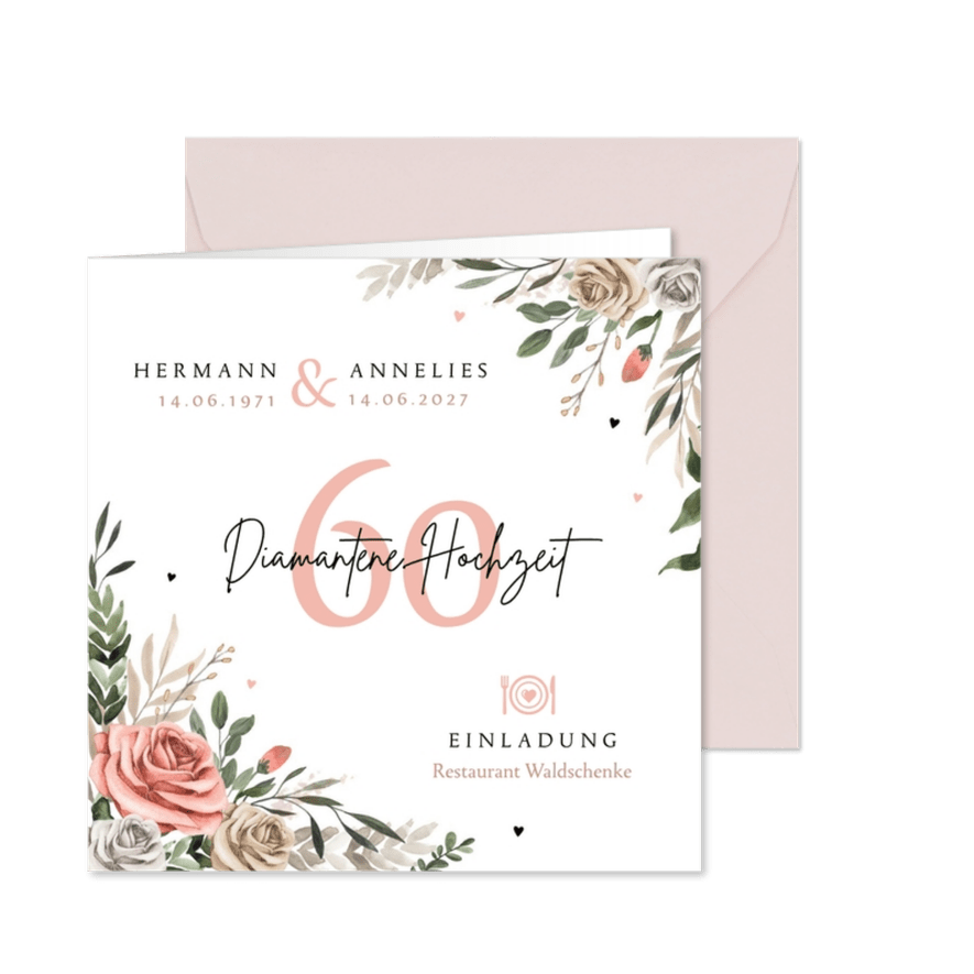 Einladung Jubiläum 60. Hochzeitstag Rosen - Karteneindruck
