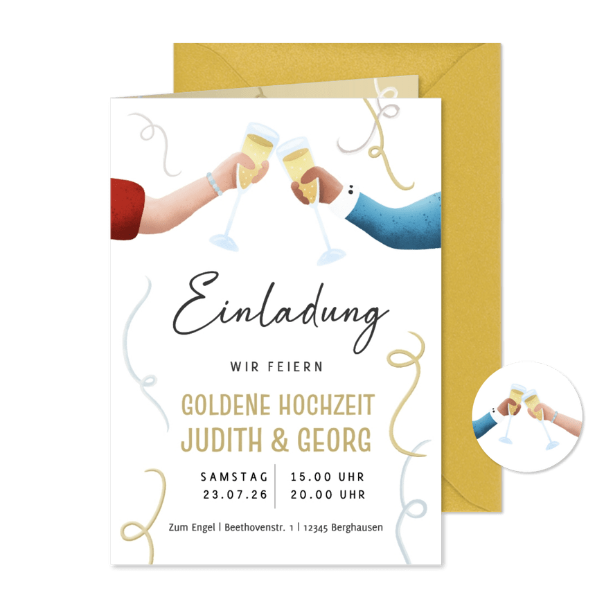 Einladung Jubiläumsfeier Hände mit Sekt - Karteneindruck