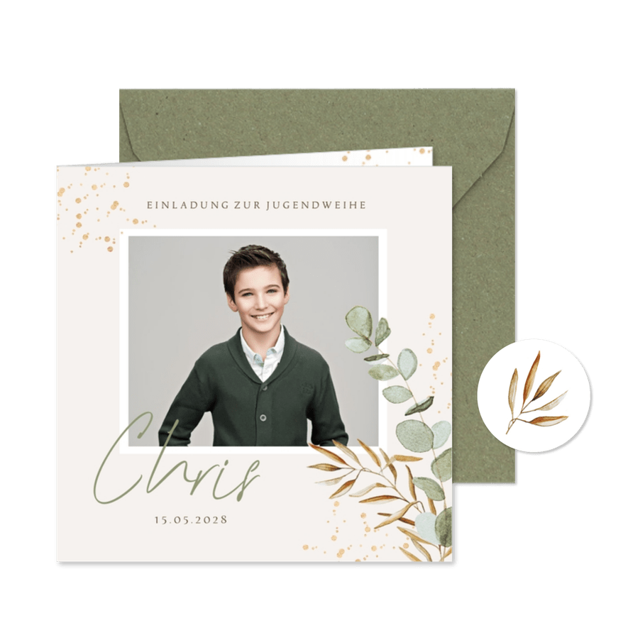 Einladung Jugendfeier Foto und Eukalyptuszweige - Karteneindruck