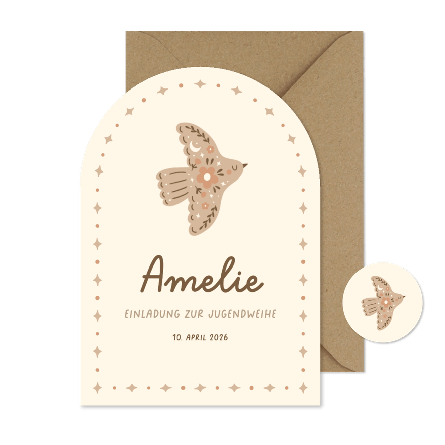 Einladung Jugendweihe Bogenform Vogel mit Ornamenten - Karteneindruck
