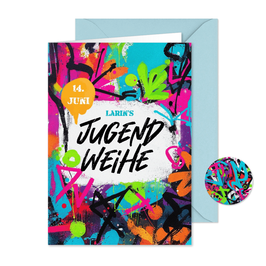Einladung Jugendweihe Buntes Graffiti - Karteneindruck
