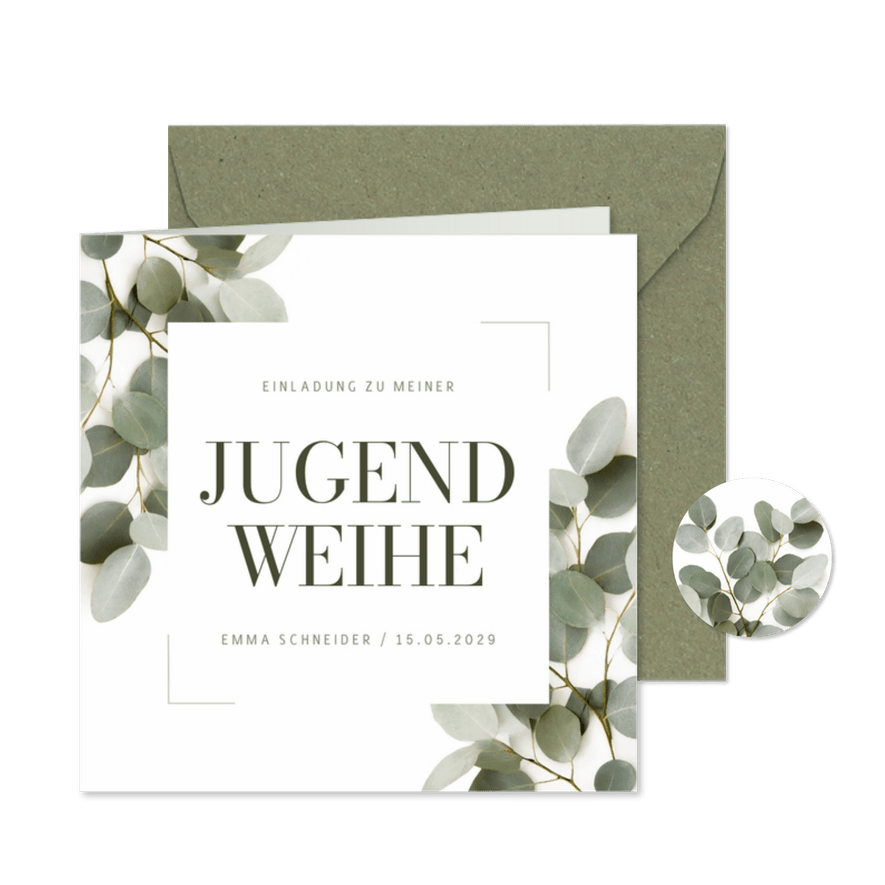 Einladung Jugendweihe Eukalyptus grafisch - Karteneindruck
