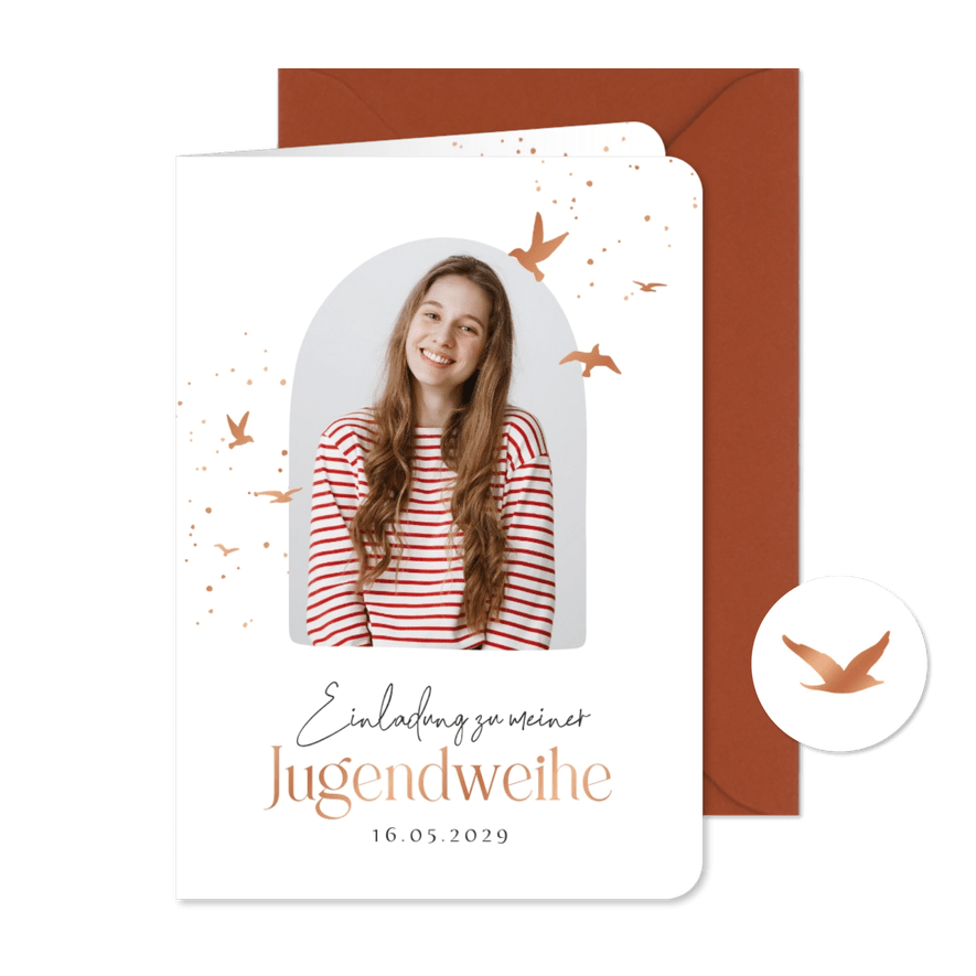 Einladung Jugendweihe Foto und Vögel Kupfer - Karteneindruck